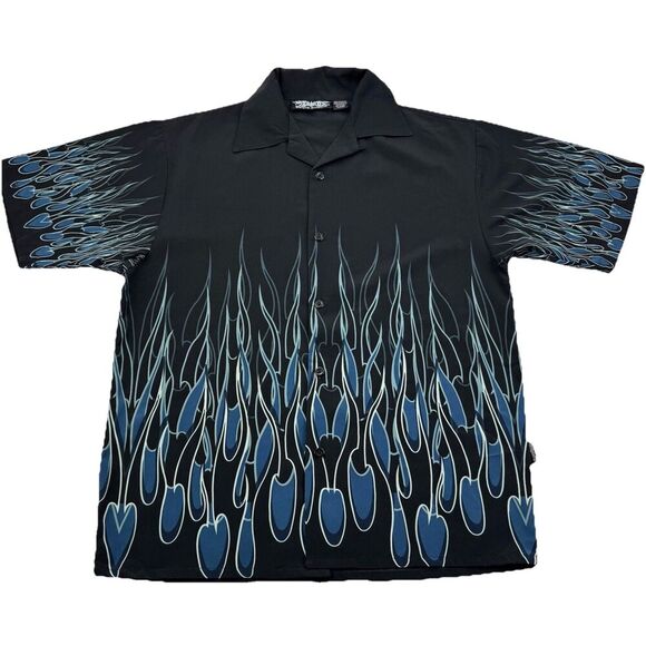 Dragonfly Shirt Mens Size Medium Black Blue Flames Short Sleeve Button Down - Picture 1 of 8